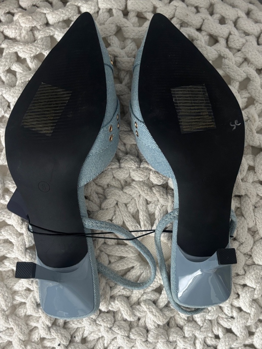 True Religion Light Blue Denim Pointed Slingback Mules with Gold Hardware - Picture 6 of 11